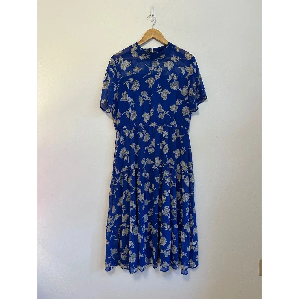 Lulus Royal Blue Floral Short Sleeve Chiffon Midi Dress | Size XL